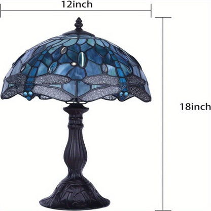 Table Lamp with Dragonfly-Motif Stained Glass Shade, 18-Inch Metal Base and Single Corded Tiffany-Style Design