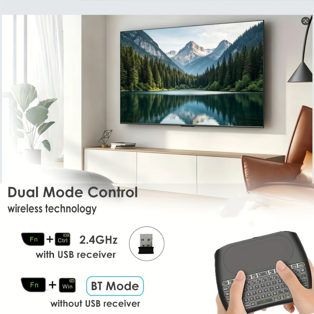 Wireless Mini Keyboard with Large Touchpad & 7-Color Backlight – Bluetooth & 2.4G Dual Mode Handheld Keyboard Remote Control, Rechargeable, USB Dongle, Plug and Play for TV Box PC Smart TV