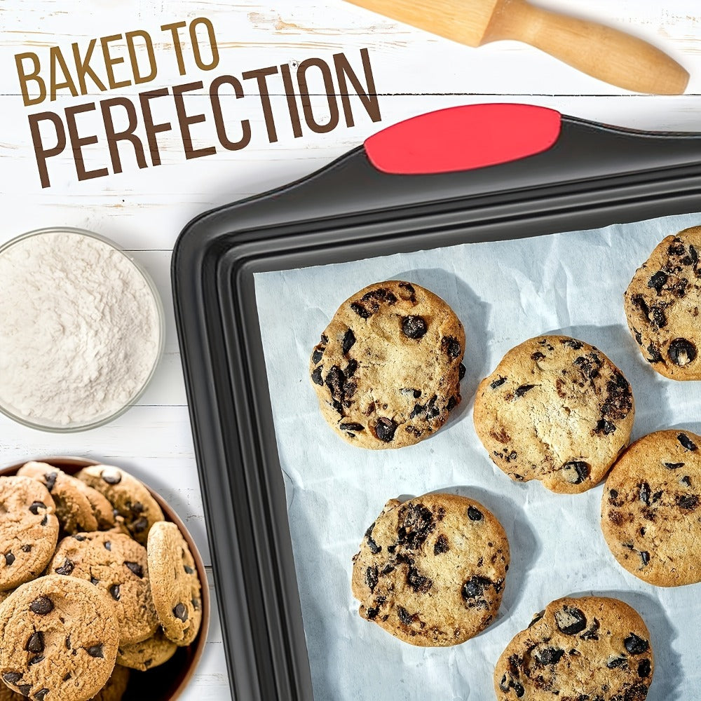 Three-Pan Gray Baking Sheet Set or Nine-Piece Kit with Six Utensils and Red Silicone Grips