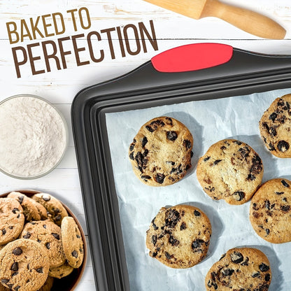 Three-Pan Gray Baking Sheet Set or Nine-Piece Kit with Six Utensils and Red Silicone Grips