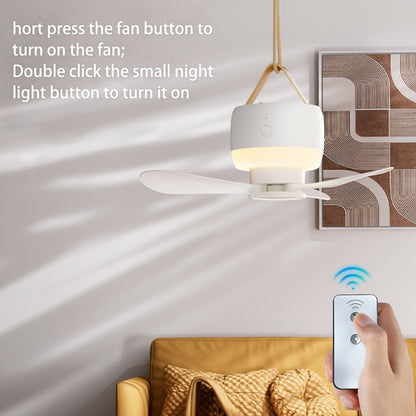 Hanging Three-Blade Camping Fan with Remote Control, Warm LED Light, White Housing and USB Rechargeable Power