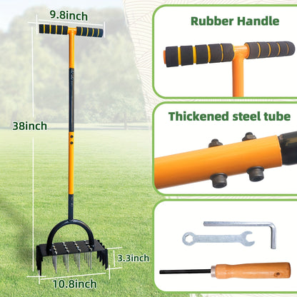 Dual-Plate 38-Inch Manual Lawn Aerator with 16-Spike Plate, 8-Hollow-Corer Plate and T-Handle