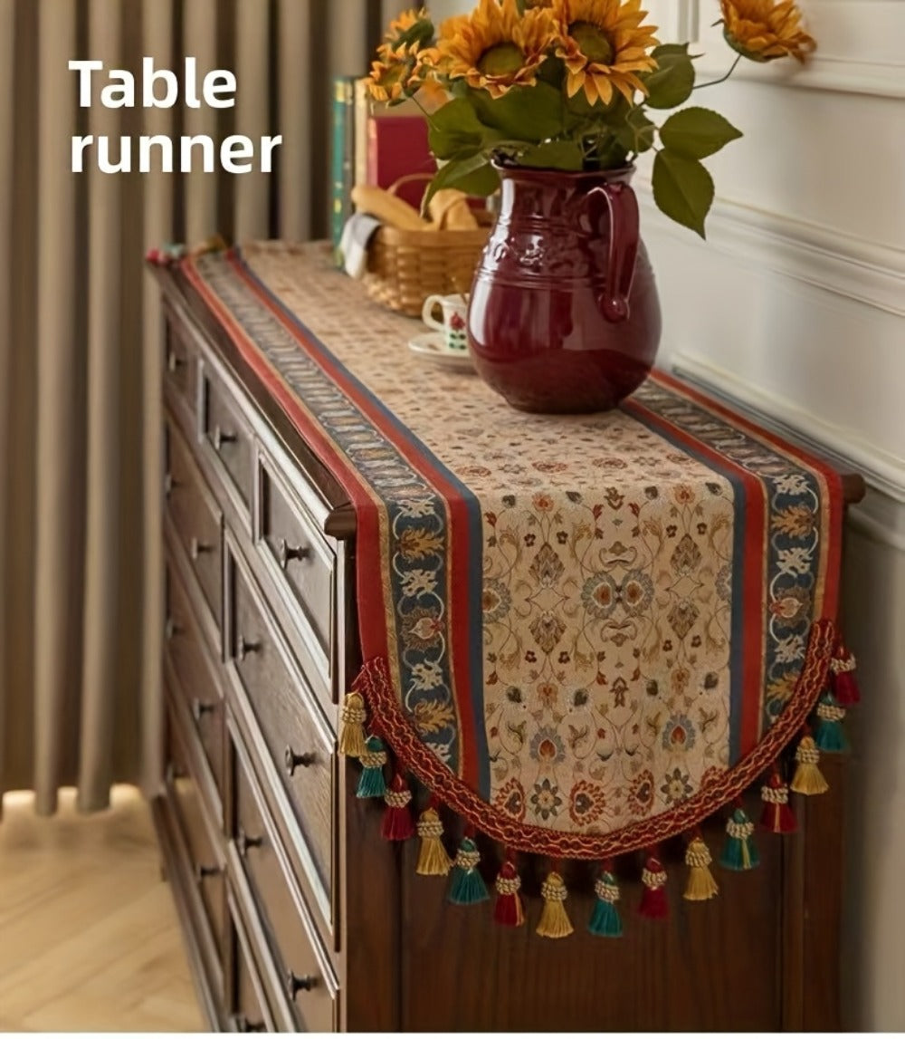 Tasseled Floral Table Runner with 15.75-Inch Width and Three Length Options for Dining Tables