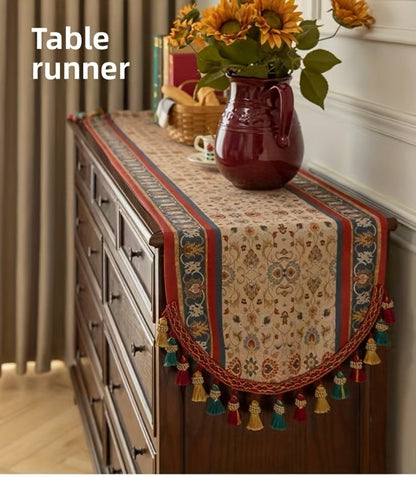 Tasseled Floral Table Runner with 15.75-Inch Width and Three Length Options for Dining Tables