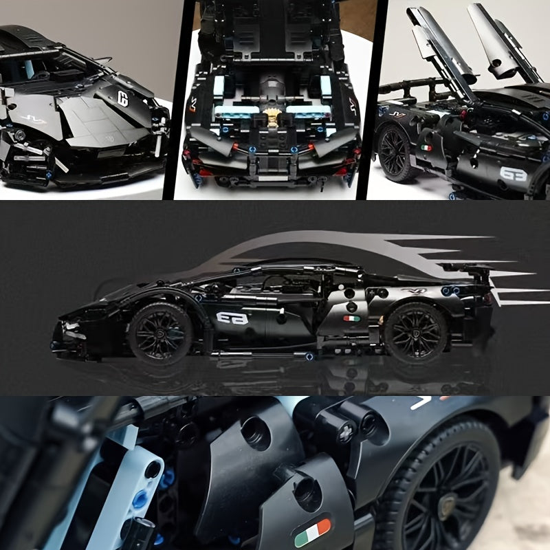 Black Supercar Building Blocks Set 1288 Pcs Limited Edition – Openable Hood Trunk Functional LED Headlights Realistic Engine Advanced Assembly Model Kit Adults Teens Birthday Christmas Gift