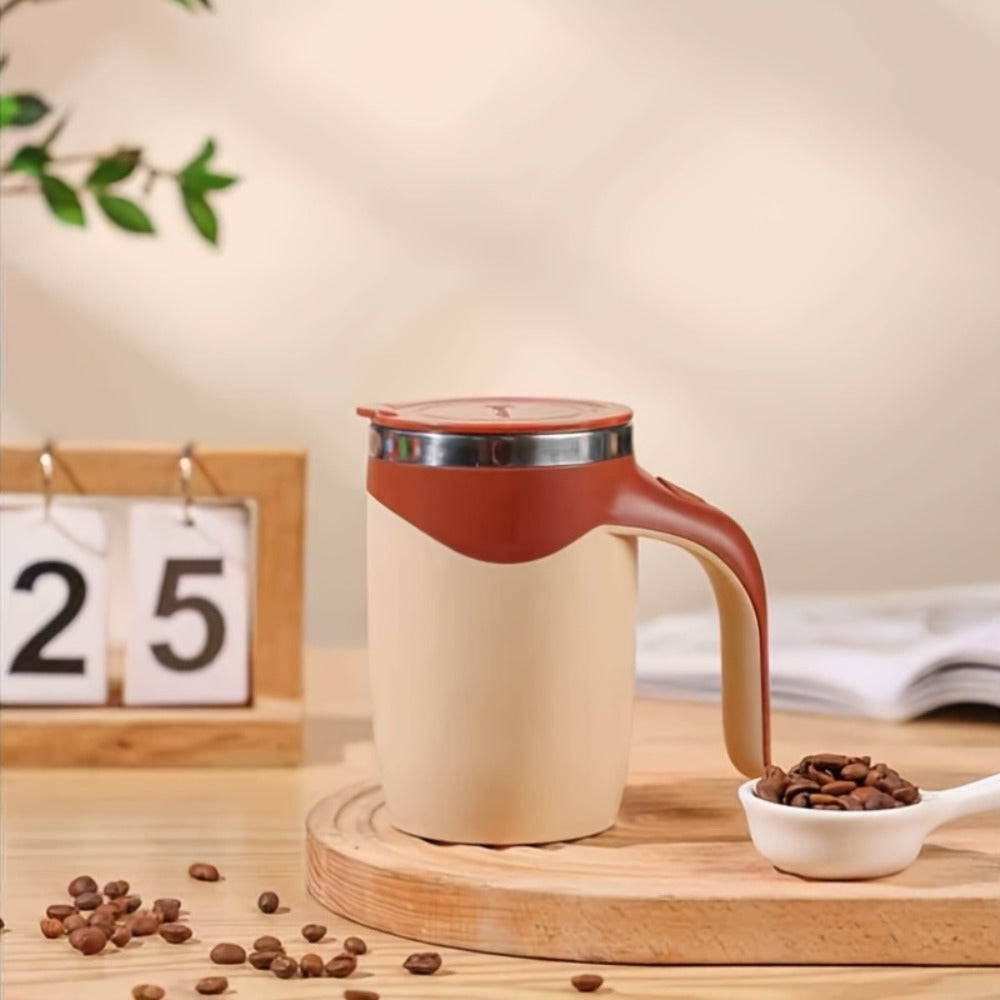 White Self-Stirring Coffee Mug with Magnetic Mixing Piece, Side Button, Lid and 250ml Marking