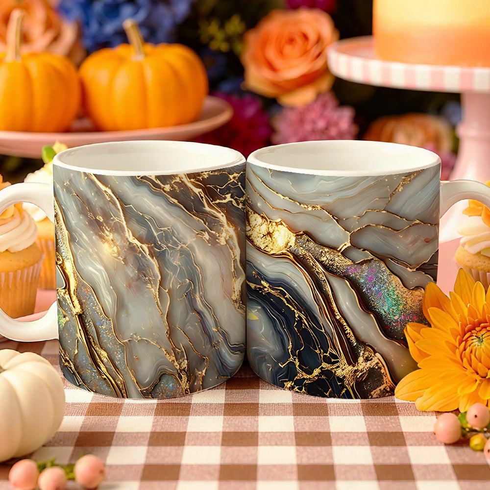 11oz Ceramic Coffee Mug with Agate Vein Print, Black Interior and Black, White or Pink Handle Options
