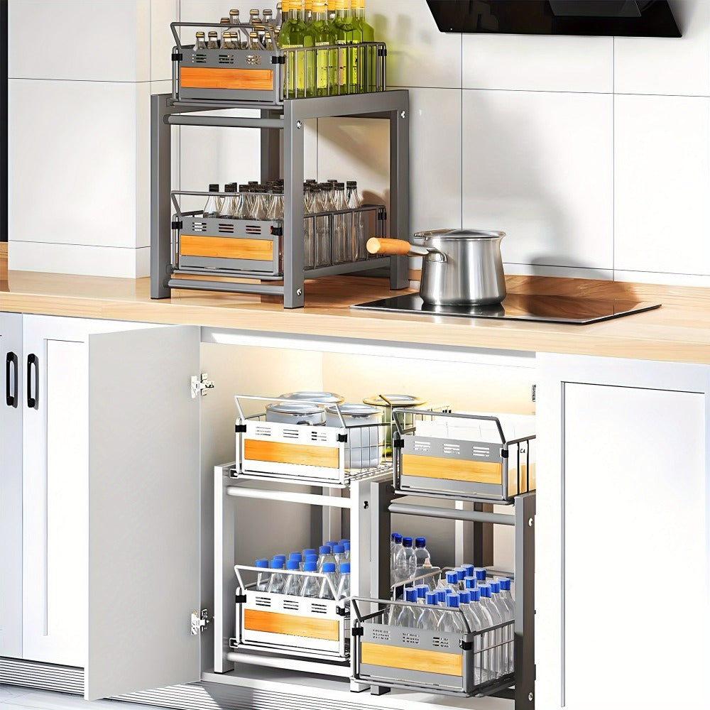Two-Tier Pull-Out Cabinet Organizer with Dual Wire Baskets, 17.71 x 13.98 x 10.24 Inch Frame in Black or White