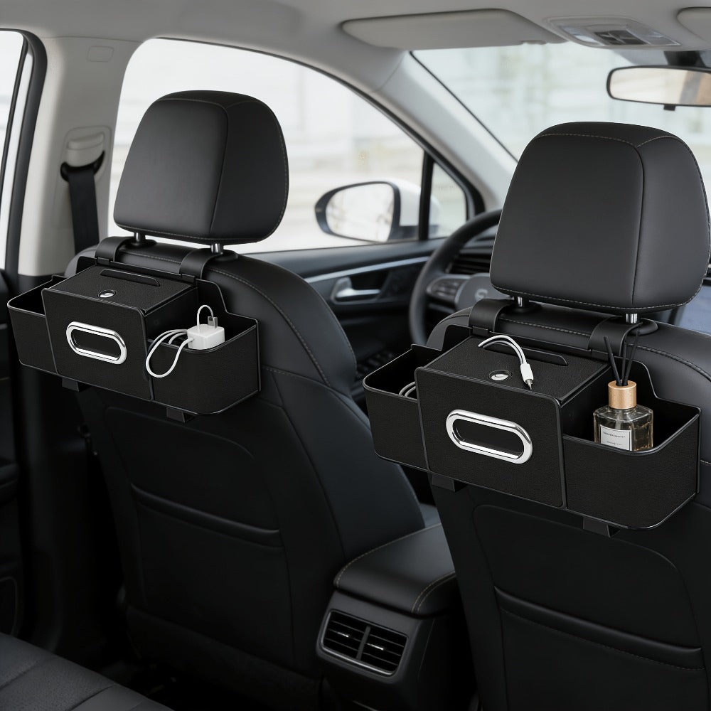 Car Backseat Organizer with Dual Cup Holders, Tissue Box & Hooks – Multi-Function Back Seat Storage for SUV, Sedan & Minivan | Brown, Orange, Black, Cream