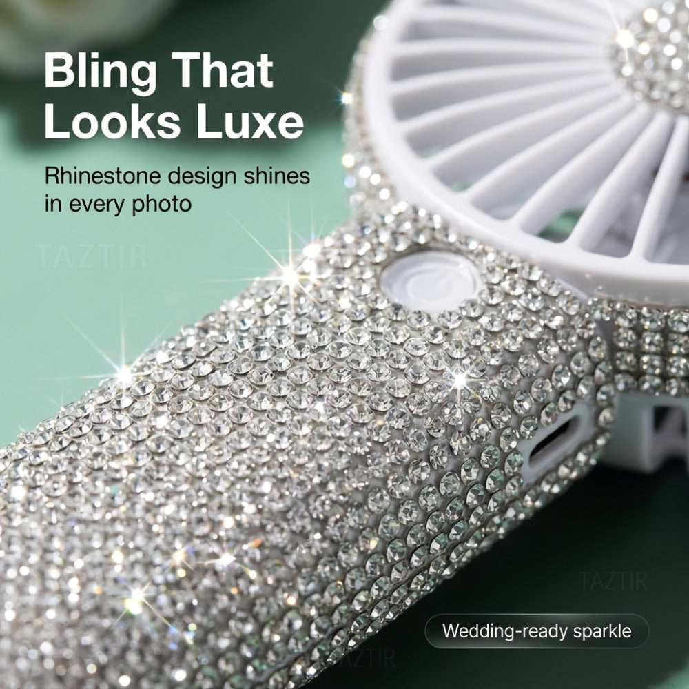 Elegant Silvery Rhinestone Mini Handheld Fan with Type-C Charging, Round Grille and Decorated Handle