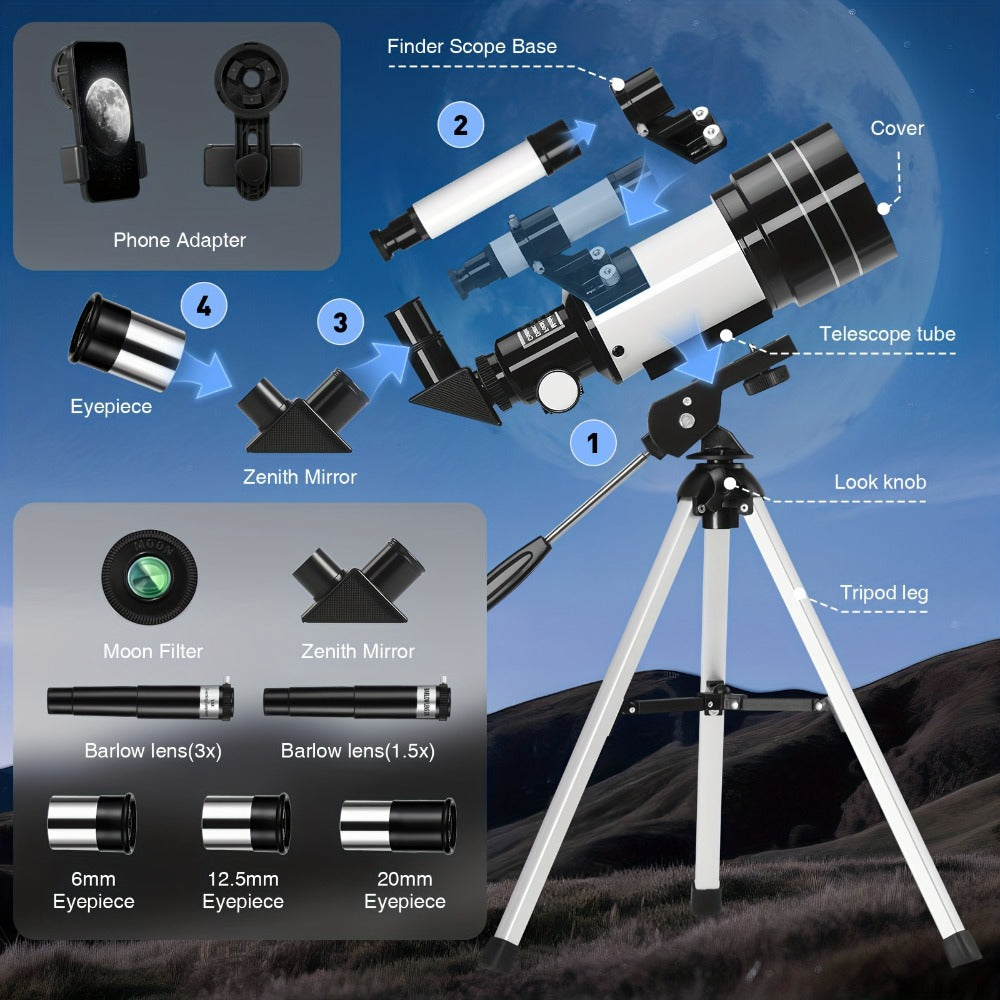 Portable 70 mm Aperture Telescope with Blue or White TS-70300 Models, Tripod, Phone Holder and Eyepieces