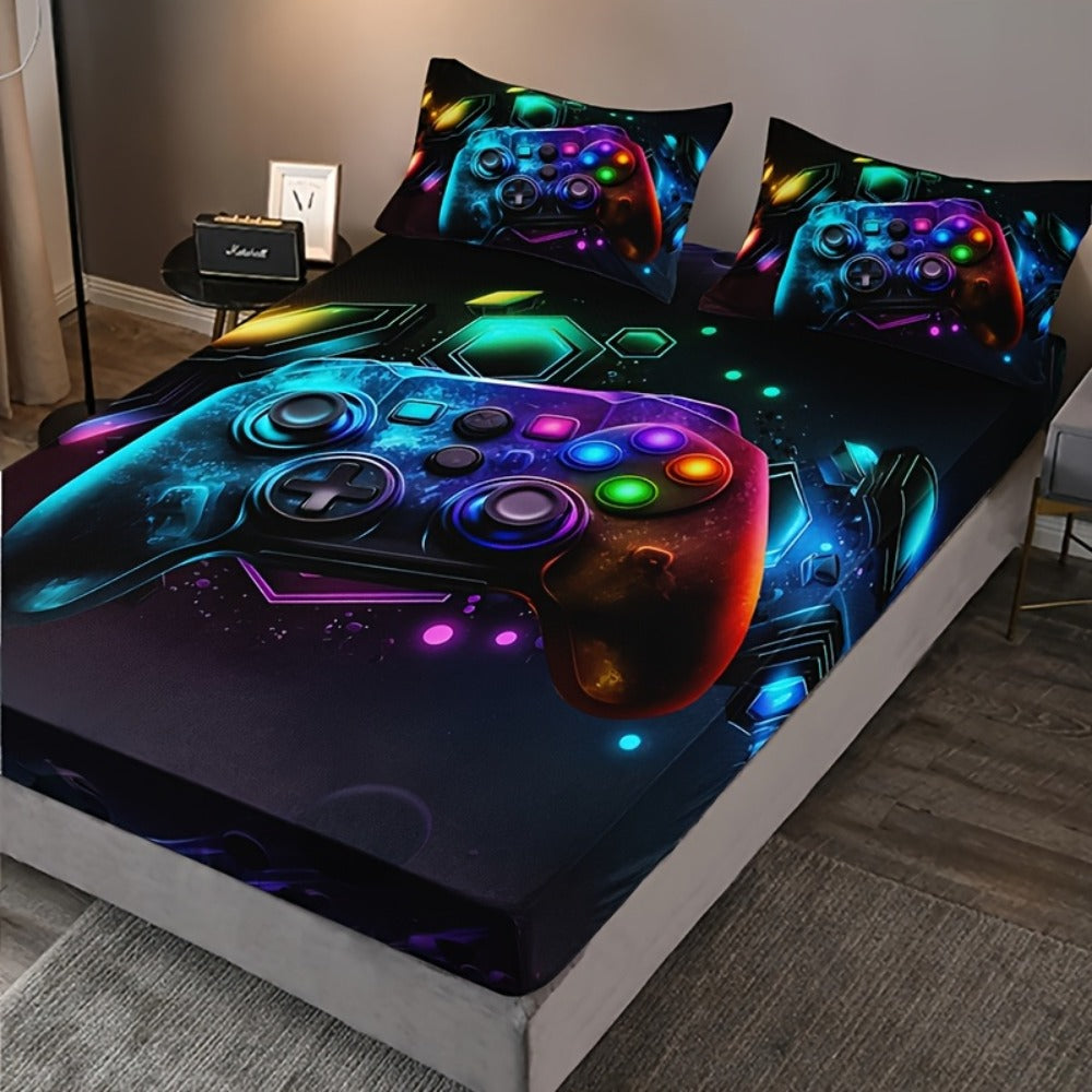 3-Piece Gamepad Bedding Set with Fitted Sheet and 2 Pillowcases, Twin to King Sizes, No Filling