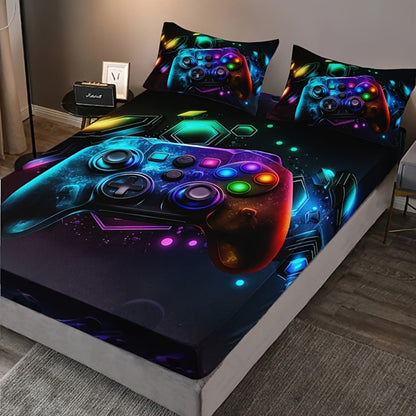 3-Piece Gamepad Bedding Set with Fitted Sheet and 2 Pillowcases, Twin to King Sizes, No Filling
