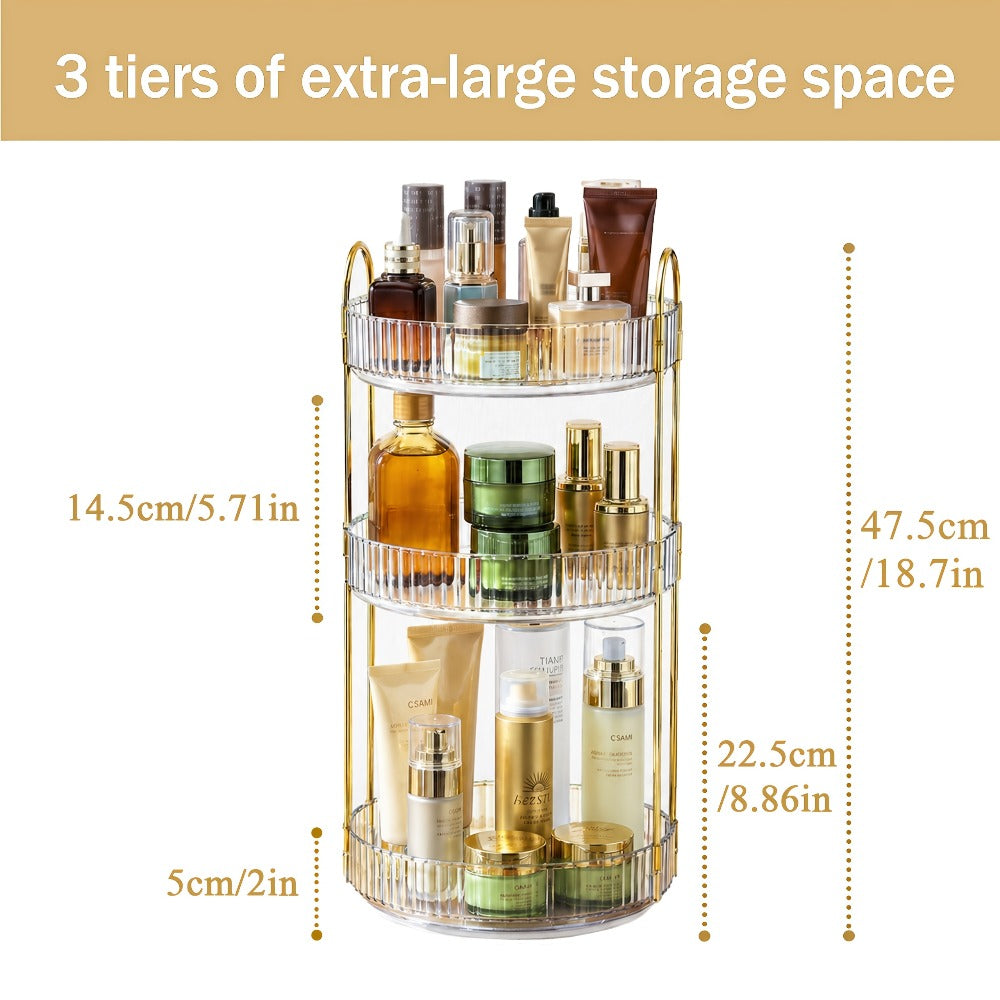 360° Swivel Makeup Organizer 3-Tier Rotating Countertop Storage Rack – Large Capacity Bathroom Dresser Vanity Organizer for Perfume, Skincare & Cosmetics, Green Amber Clear