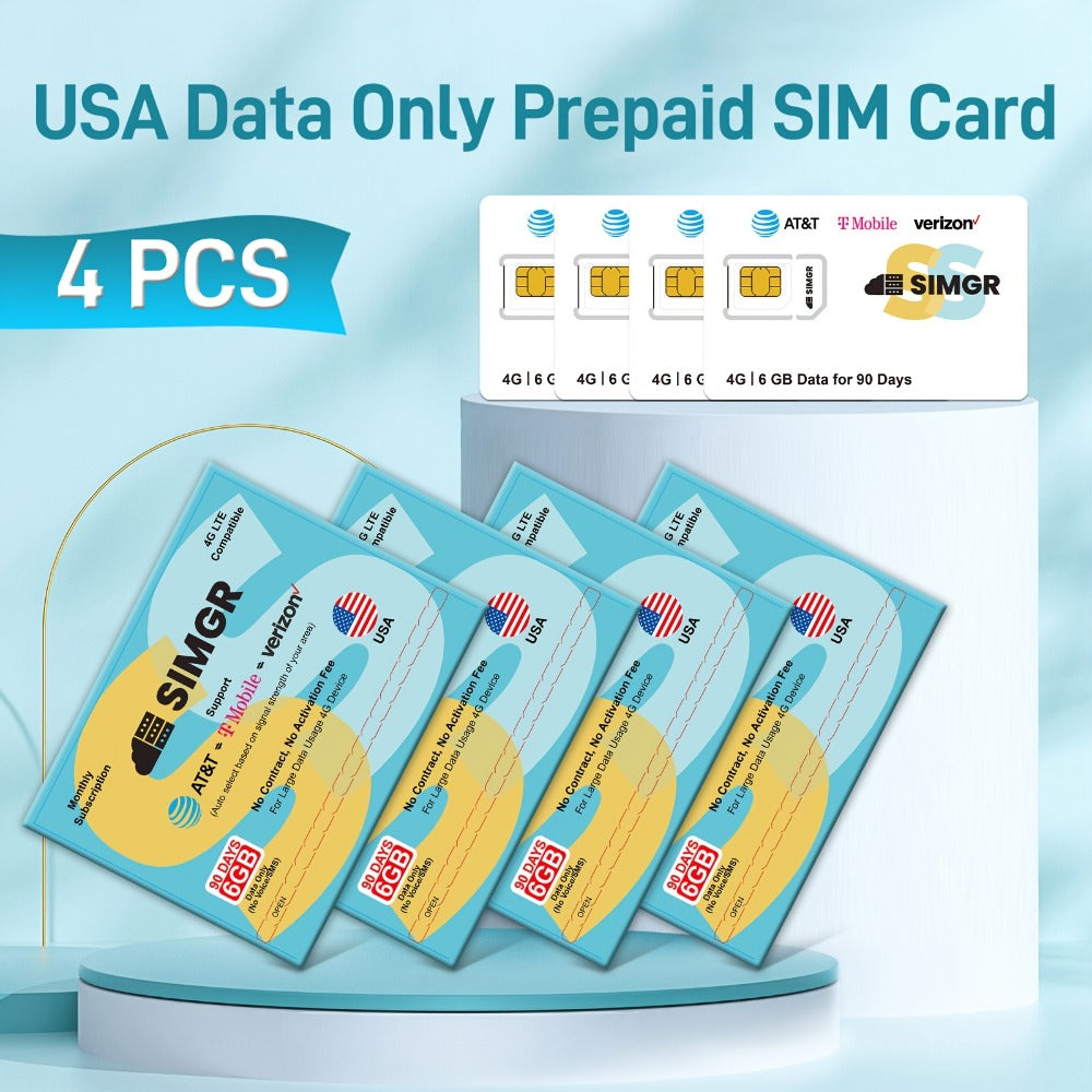 Triple Network SIM Card USA 4G LTE SIMGR AT&T T-Mobile & Verizon Auto-Select – 6GB 90 Days No Contract Data Only for Security Cameras Hotspots GPS Trackers IoT Smartwatches, 1/2/4 Pack