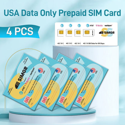 Triple Network SIM Card USA 4G LTE SIMGR AT&T T-Mobile & Verizon Auto-Select – 6GB 90 Days No Contract Data Only for Security Cameras Hotspots GPS Trackers IoT Smartwatches, 1/2/4 Pack