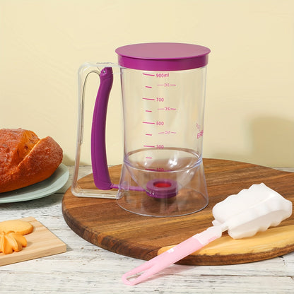 Handheld Pancake Batter Dispenser with Graduated Cup, Bottom Valve and White Cleaning Brush