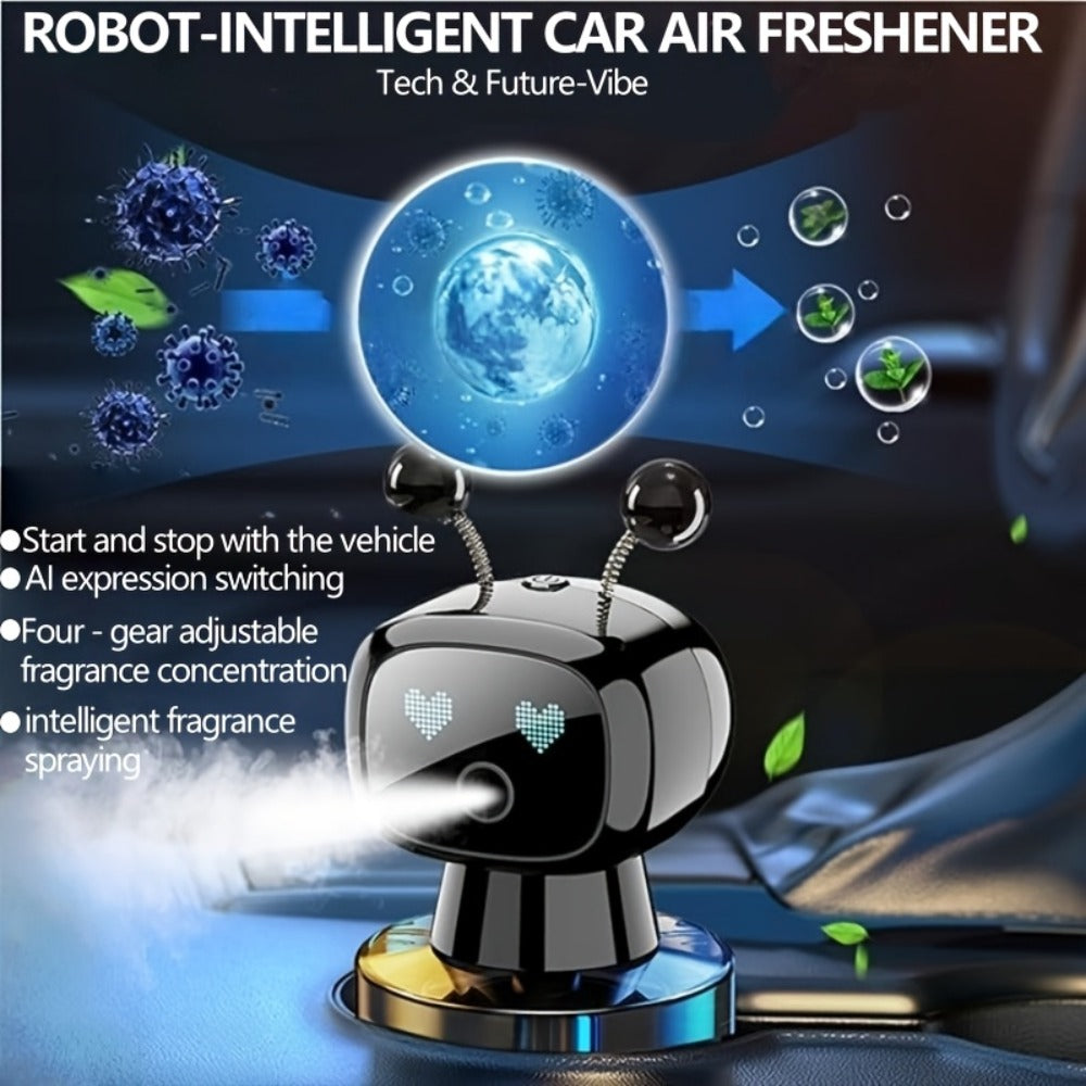 Robot Car Air Freshener USB Rechargeable – AI Expression Display, Auto Spray Synced to Car Start/Stop, 4-Level Fragrance Intensity Control, Green Gardenia Scent, Vent Clip Diffuser, Cute Car Decoration Gift