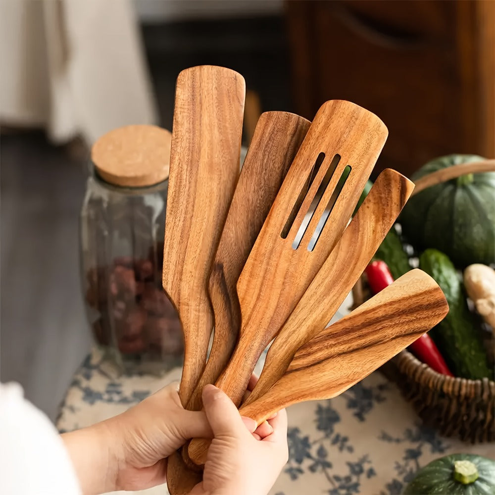 Kitchen Utensils Five-Piece Teak Wood Spurtles and Spatulas with Brown Grain and Hanging Holes for Cooking