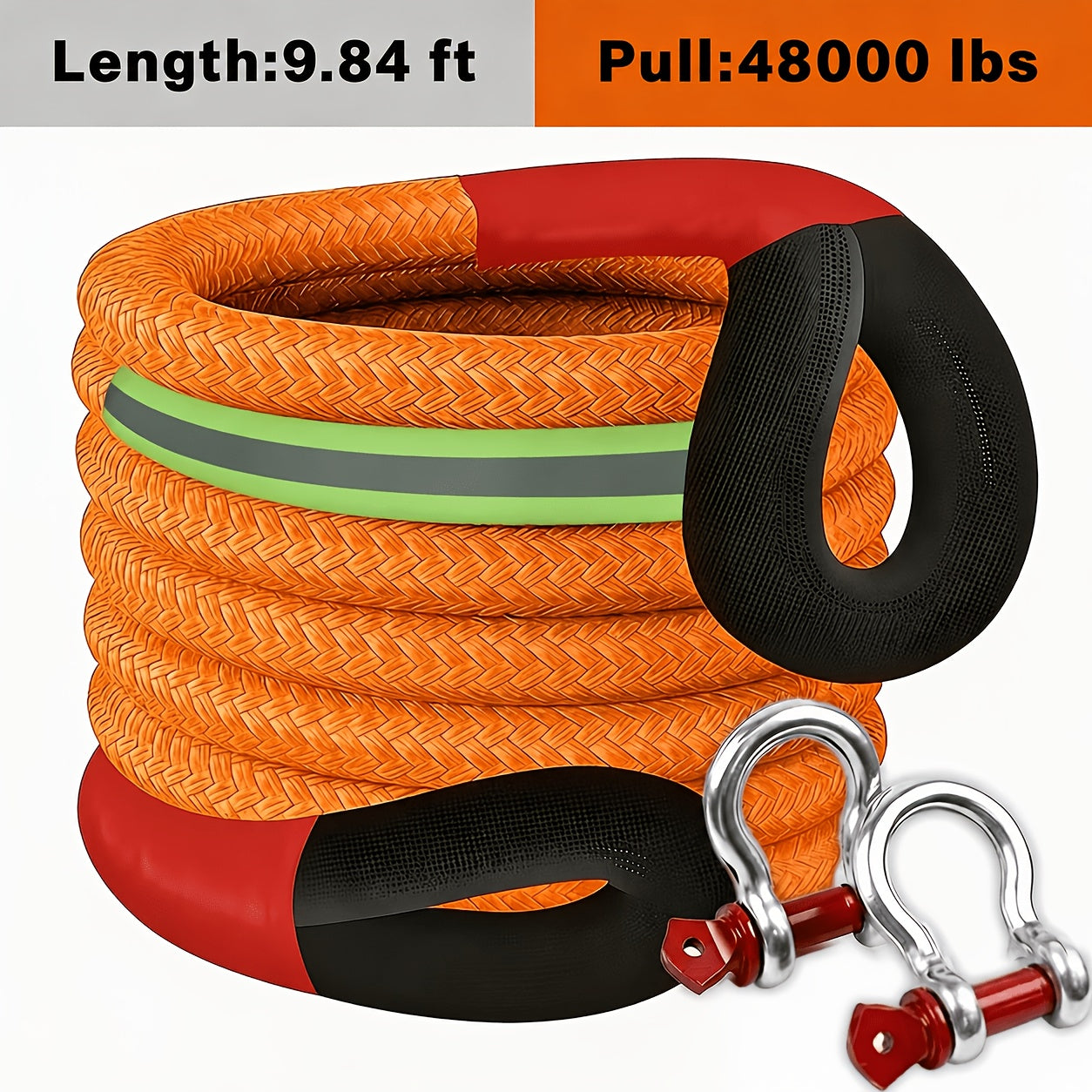Recovery Tow Strap Heavy Duty - Up to 48000 LBS Break Strength, Kinetic Tow Rope with 2 D-Ring Shackles, Reflective Safety Flag & Storage Bag, for Truck Jeep ATV SUV UTV Off Road
