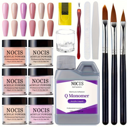 Six-Color Acrylic Nail Powder Set with Monomer Bottle and Application Tool Assortment in Three Set Codes