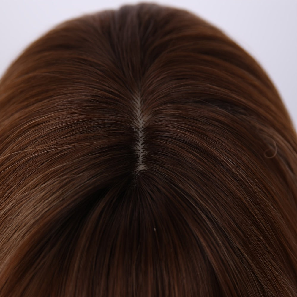 Synthetic Wig 24-Inch Light Brown Body Waves with Golden Highlights, Bangs and Rose Net Cap