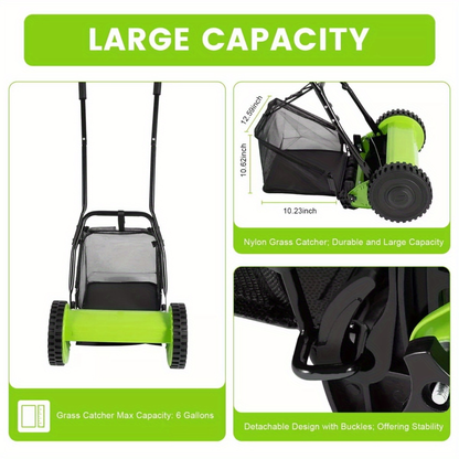 Manual Reel Lawn Mower 5-Blade Push Mower 11.8-Inch Cutting Width Adjustable Height 0.47"-1.77" with 6-Gallon Grass Catcher & Durable Steel Wheels for Residential Lawn
