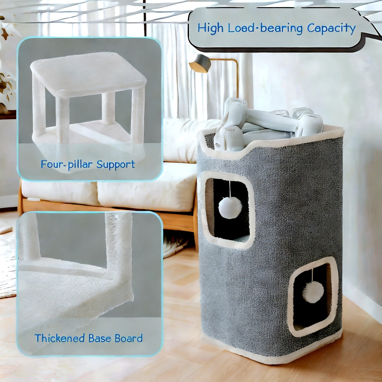 Cat Tree Tower Multi-Level Foldable - Indoor Cat House with Scratch Resistant Post, Soft Top Cat Bed, Cat Hideaway & Bell Ball Toy, 1 2 3 Layer Cat Climbing Tower for Kittens & Adult Cats, Gray