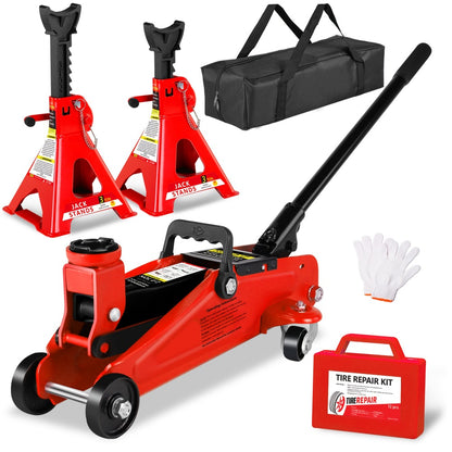 Hydraulic Floor Jack Kit 2/2.5/3 Ton Low Profile Trolley Jack with Jack Stands, Tire Repair Kit, Wheel Wrench & Wheel Chock Combo - Red/Blue