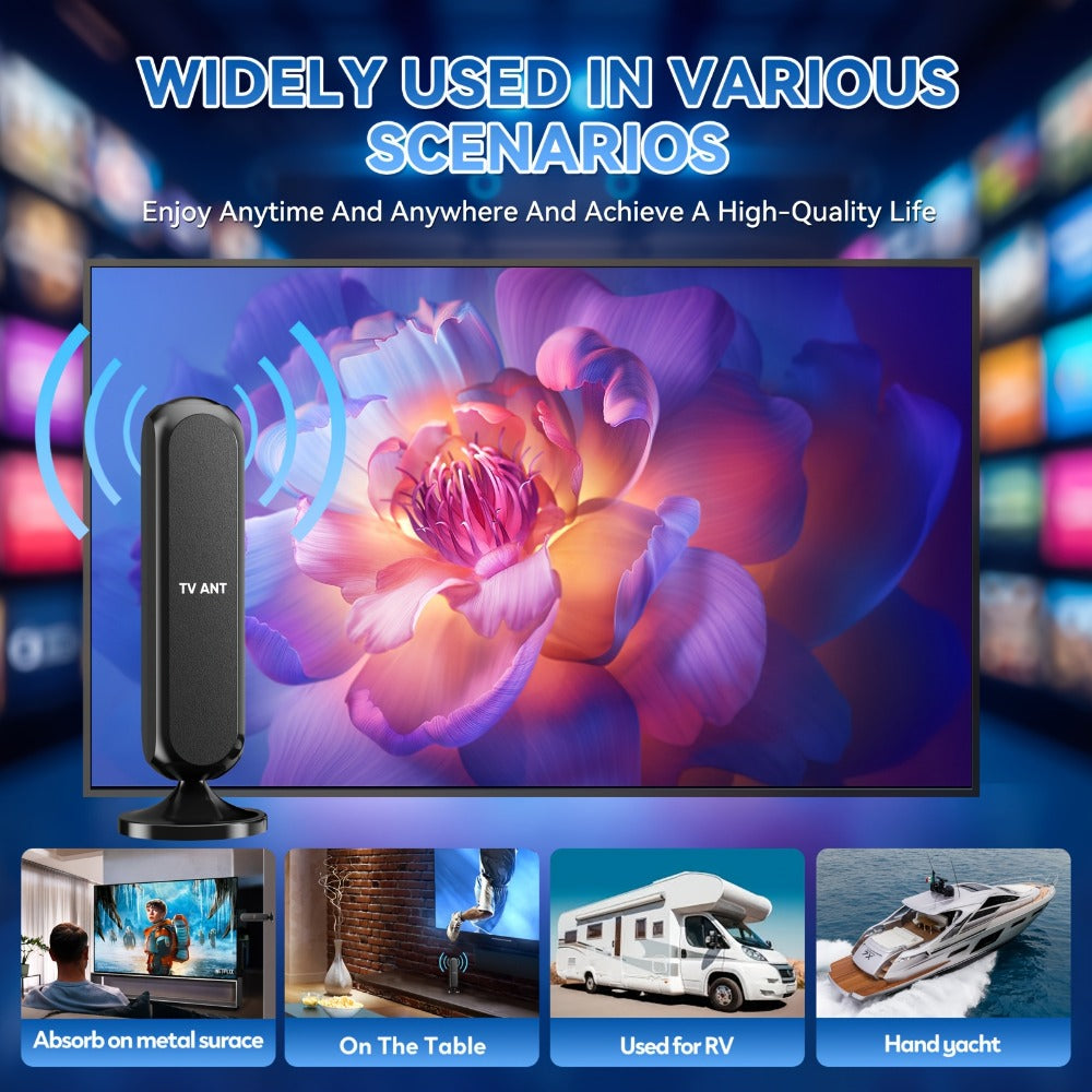 Indoor TV Antenna 360° Omnidirectional 200KM Long Range – 4K HD 1080P Amplified Signal, 16FT Coaxial Cable, Free Local Channels, No Monthly Fee, Works with All Smart TVs, Black
