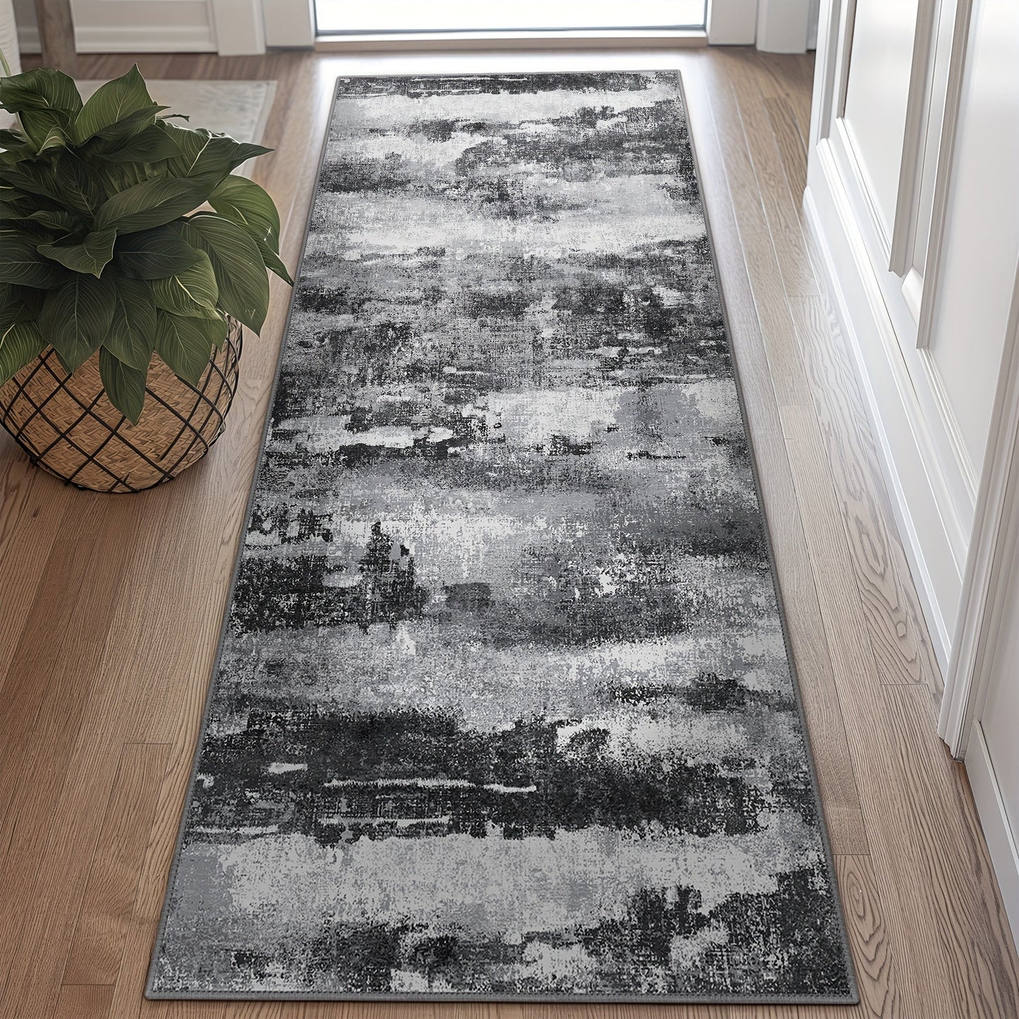 Area Rug, Dark Abstract Polyester Floor Carpet in Runner and Room Sizes with Rubber-Latex Backing and Machine-Wash Care