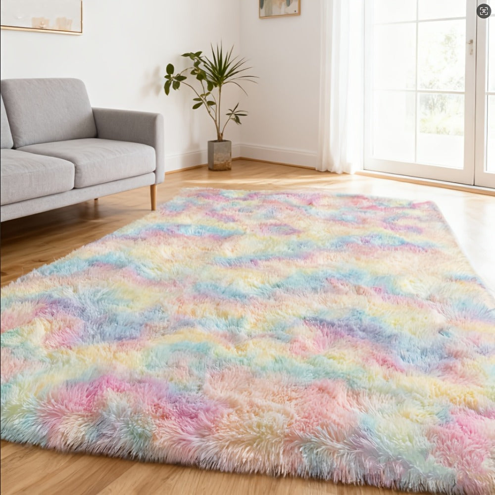 Area Rug Rainbow Tie-Dye Shag with Four Machine-Washable Sizes for Bedroom, Living Room or Office