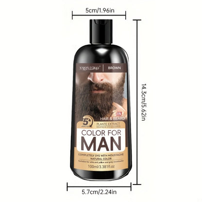 Gray Beard Dye Shampoo for Men 2-in-1 Semi-Permanent Natural Sulfate-Free Formula — Colors & Conditions in One Step, Fast Gray Coverage for Beard Sideburns & Hair, Black Brown Chestnut Brown