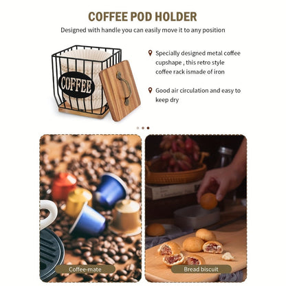 Square Metal Coffee Pod and Filter Storage Basket with Wood Lid and Base, Black Finish and Two Label Options