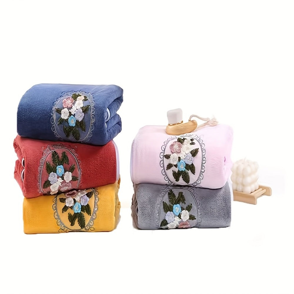 Towel Set 3-Piece Embroidered Flower Bath and Face Towels in White, Blue, Pink or Gray for Home and Guest Use