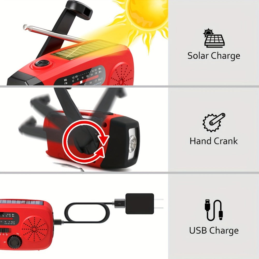 2000mAh AM/FM/NOAA Emergency Radio with Solar Panel, Hand Crank, LED Flashlight and Four Color Options