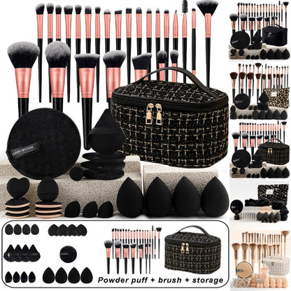 Makeup Brush Set, 23-, 44- or 47-Piece Nylon Bristle Kit with Blending Sponges and Leopard, Beige or Black Bag