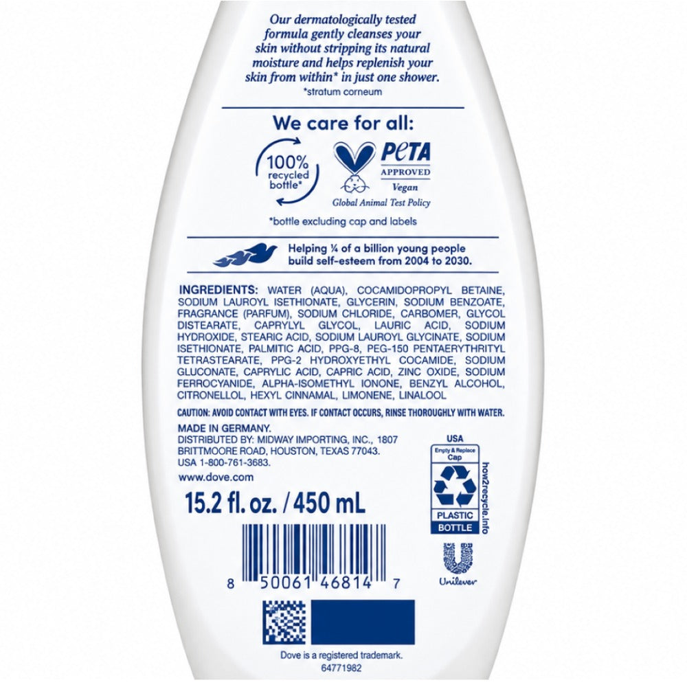 Two-Pack Dove Silky Velvet Body Wash with 450ml Flip-Cap Bottles and Matching Front Labels