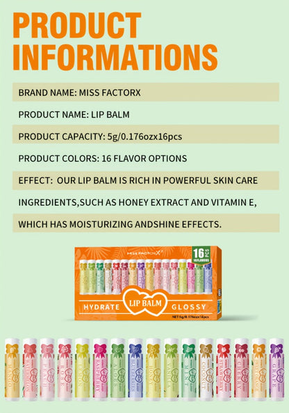 Lip Balm 16-Piece Assorted Flavor Set with Glossy Twist-Up Tubes and Orange Display Box Packaging