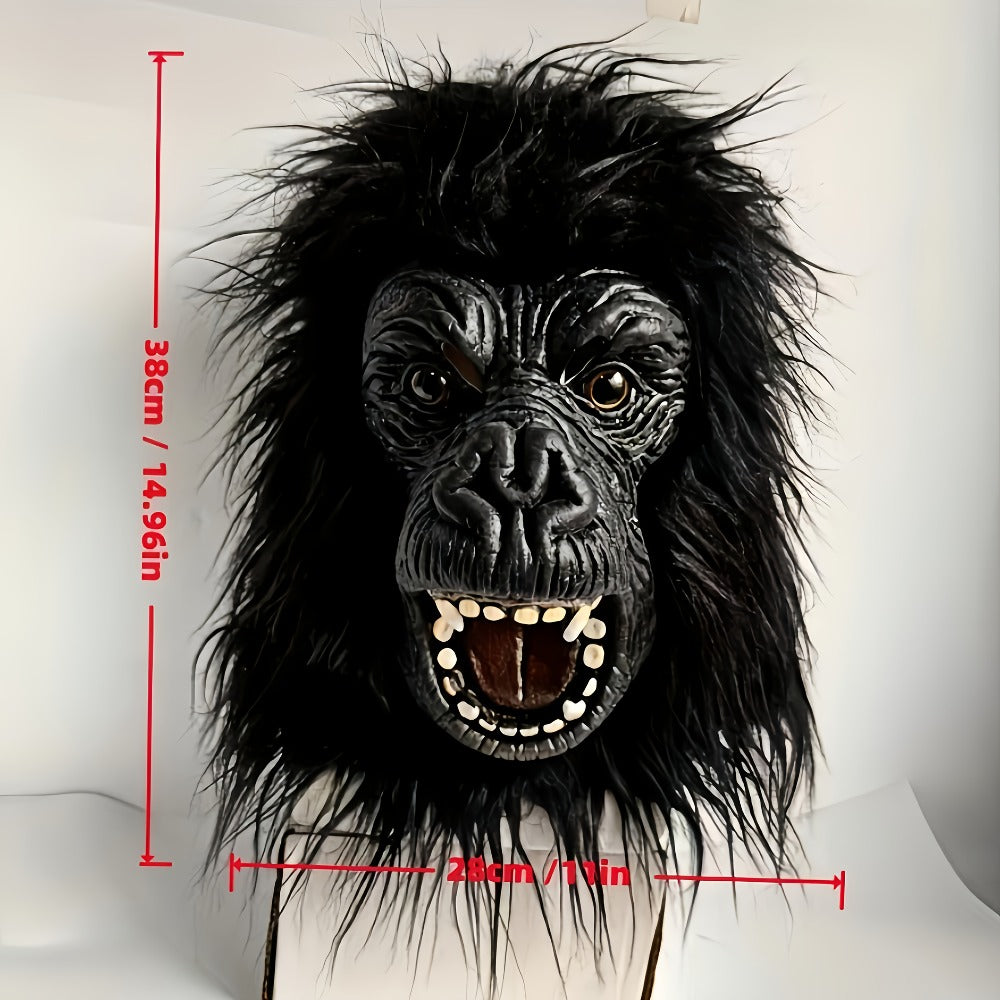 Black Gorilla Full-Head Costume Mask in Open-Eye or Eyeless Styles with Shaggy Fur and Open Mouth