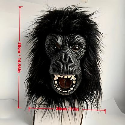 Black Gorilla Full-Head Costume Mask in Open-Eye or Eyeless Styles with Shaggy Fur and Open Mouth