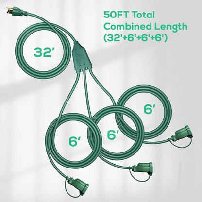 One-to-Three Extension Cord Splitter with 25- or 50-Foot Green and Black Grounded Configurations
