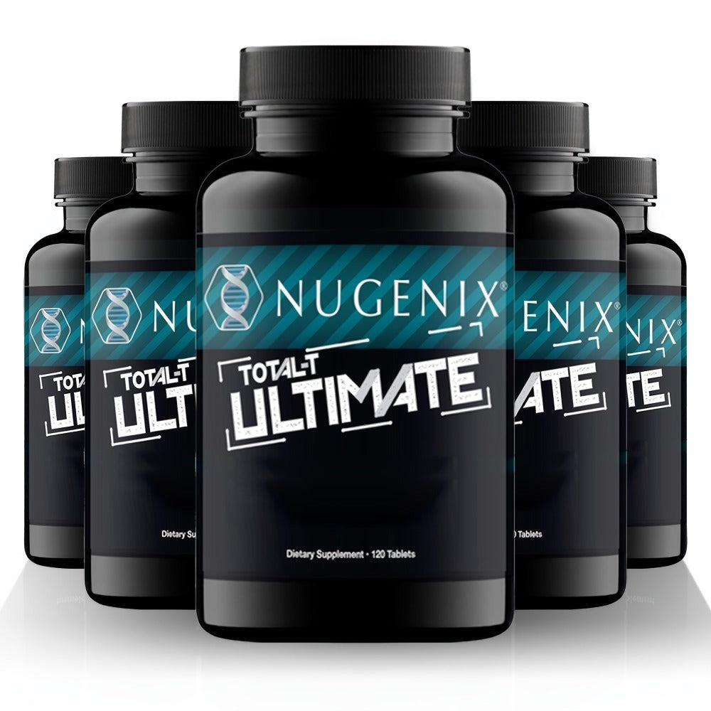 Five-Bottle Botanical Men's Health Supplement Tablet Set with Coordinated Containers and Labels