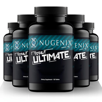 Five-Bottle Botanical Men's Health Supplement Tablet Set with Coordinated Containers and Labels