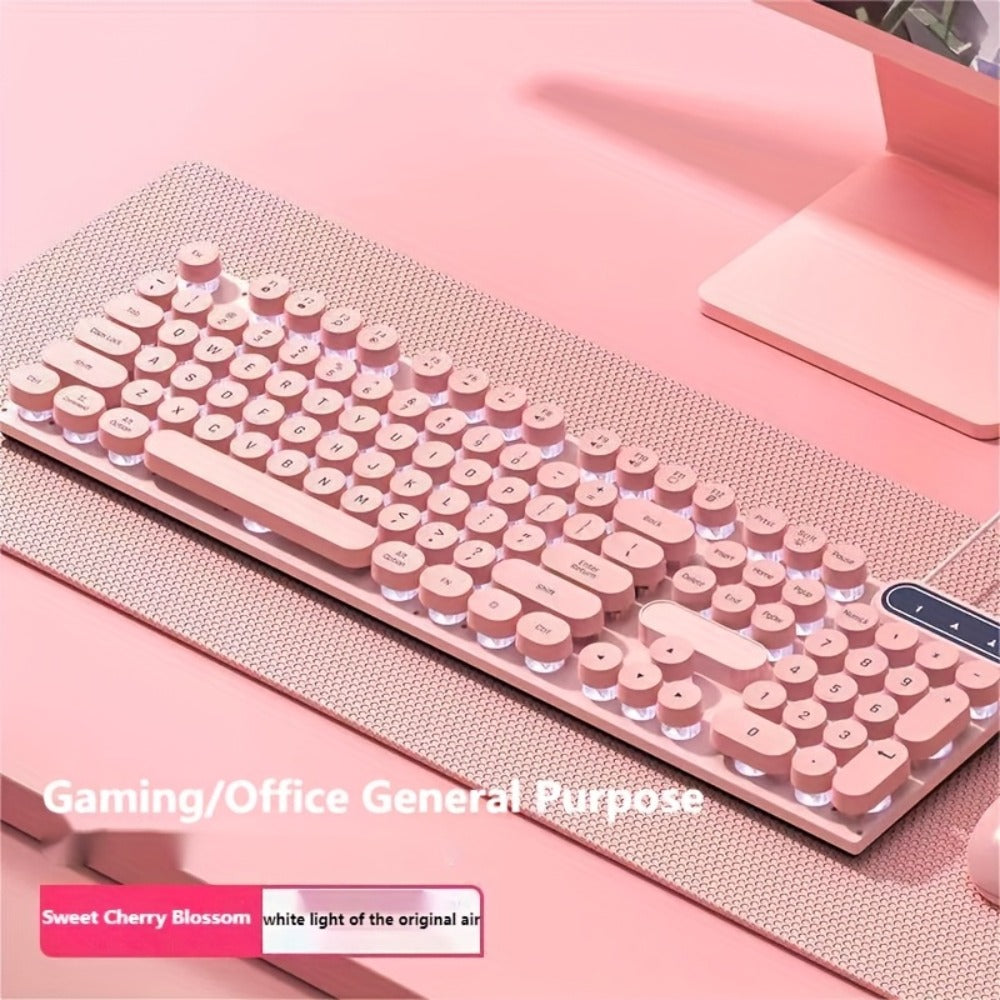 Retro Round-Key Wired Keyboard and 6D Mouse Set with Pink or Blue USB Color Options and One-Touch Lighting