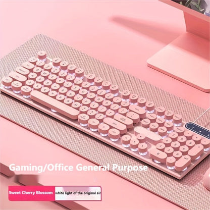 Retro Round-Key Wired Keyboard and 6D Mouse Set with Pink or Blue USB Color Options and One-Touch Lighting