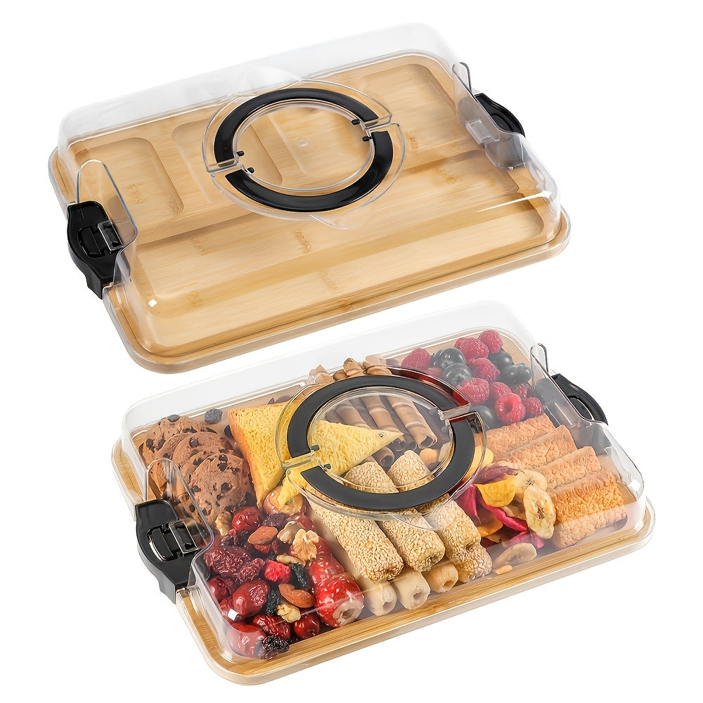 Five-Compartment Rectangular Charcuterie Tray with Clear Locking Lid, Black Handles and 33 x 24.3 cm Size
