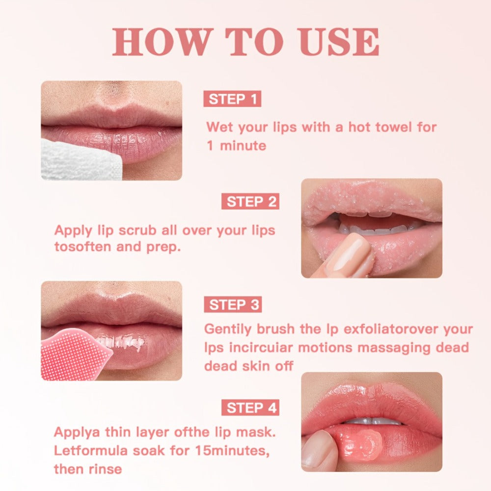 Three-Piece Lip Care Set with Lip Mask, Balm, Scrub and Brush in Strawberry and Peach-Labeled Format