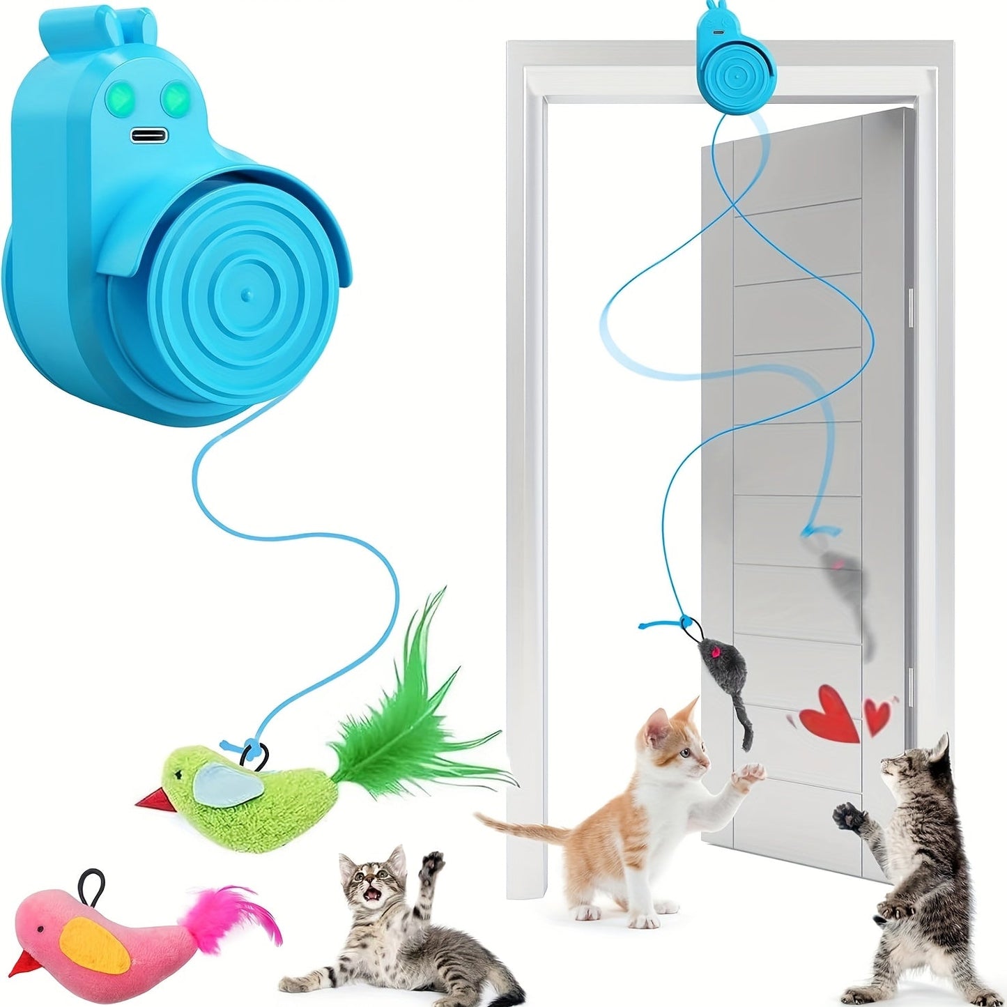 Cat Toy Electric Flying Feather with USB Rechargeable Hanging Drive, Stick-On Mount and Three Colors