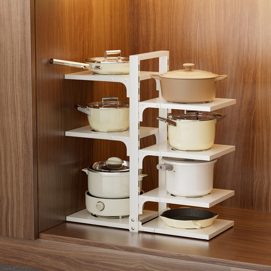 Kitchen Storage Rack Multi-Tier Adjustable - Drain Organizer for Pots Pans and Cutlery with Paint Finish, Floor Standing or Wall Mountable Pot Rack for Kitchen Counter and Cabinet, Available in 2 to 7 Tiers in Black White and Grey